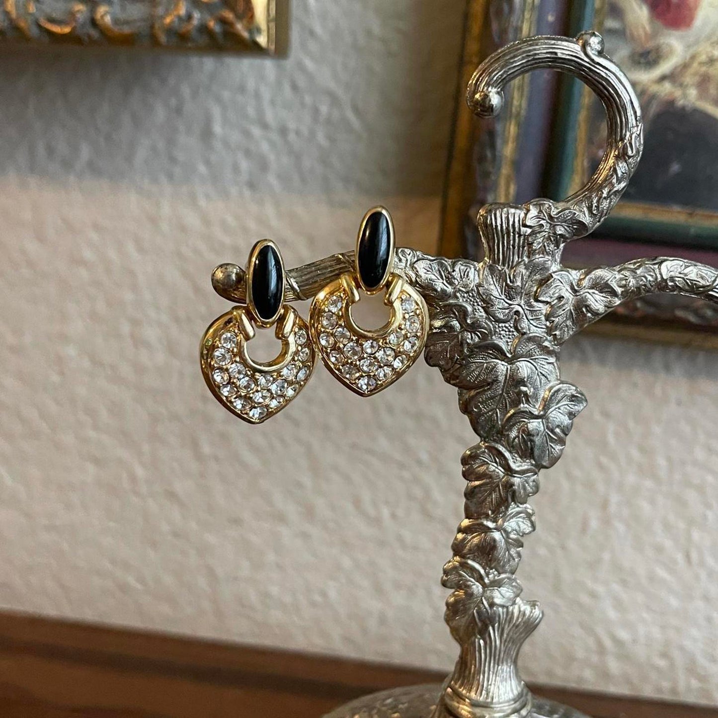 Swarovski Swan Heart Earrings Signed Crystal Pave Black Enamel Pierced Dangle