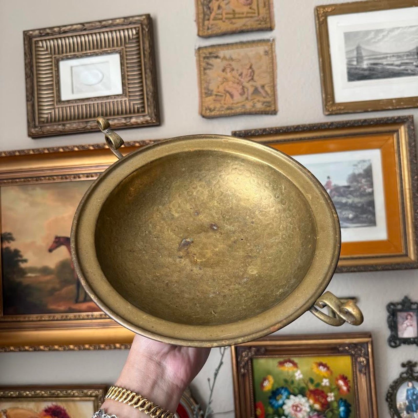 Vintage Brass Circular Pedestal Bowl with Handles