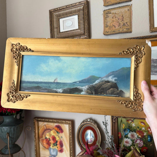 Antique Framed Pastel Seascape Original Chalk Drawing Under Glass