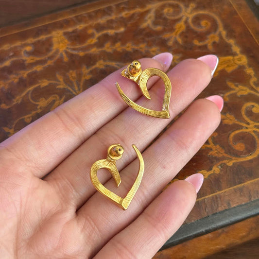 Vintage Monet Gold Tone Open Heart Leaf Drop Pierced Earrings