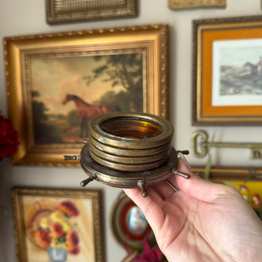 Vintage Ship Steering Wheel Amber Glass Coasters