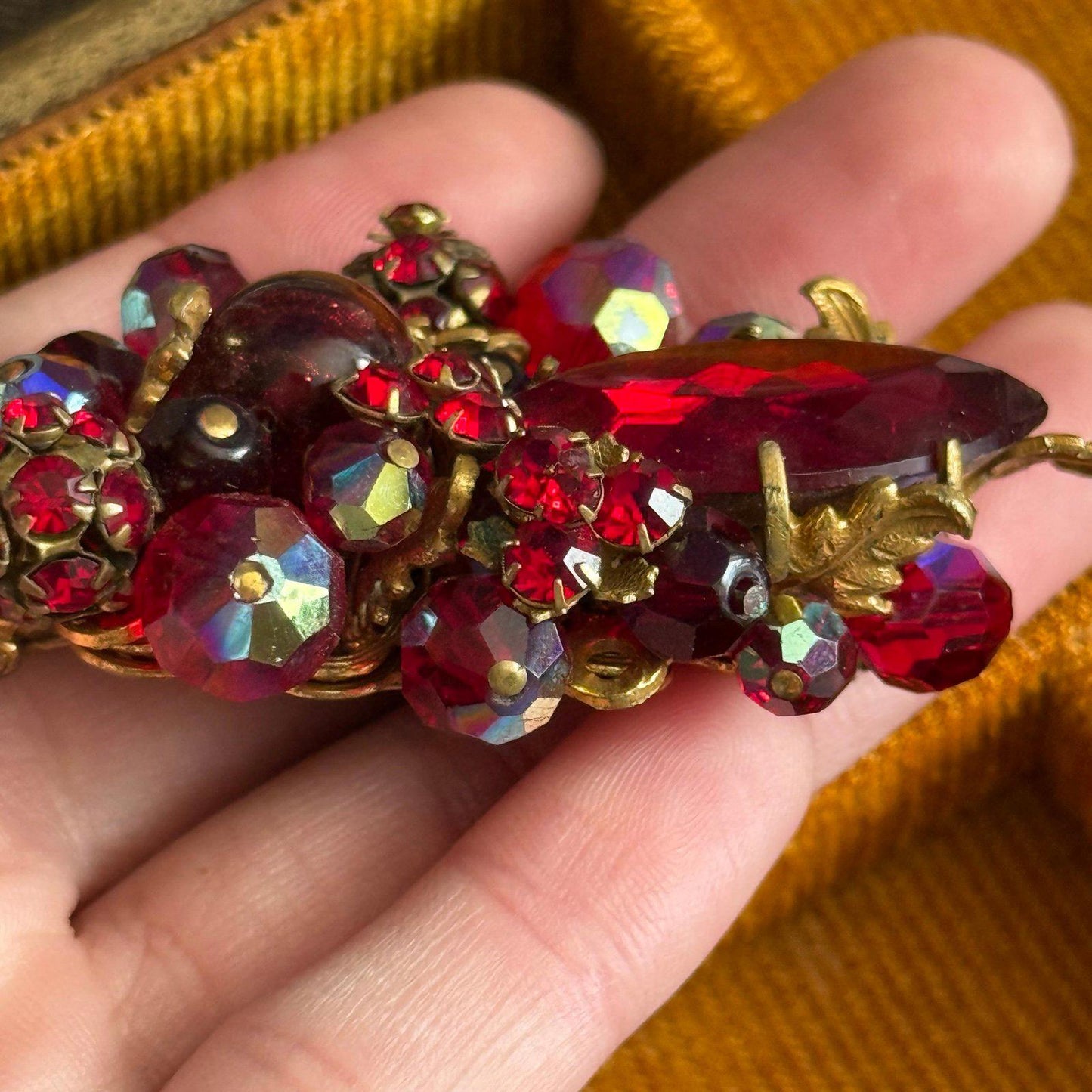 Vintage filigree Bright red faceted glass beads Brooch