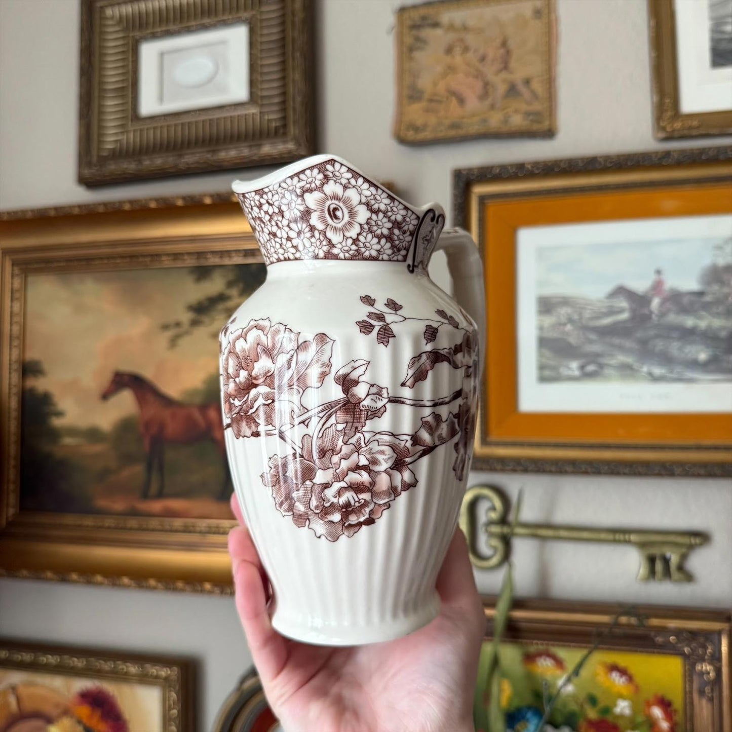 Vintage Two's Company Cream and Brown Floral Vase
