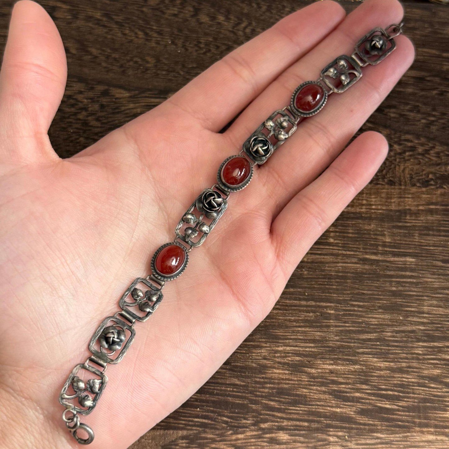 Vintage Sterling Silver & Carnelian Floral Bracelet – Made in Germany