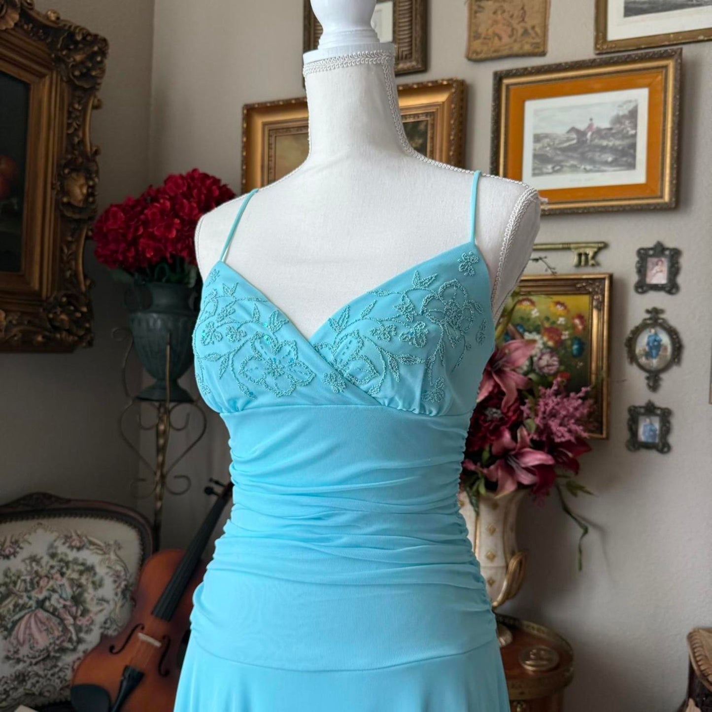 Trixxi Blue lace beaded fairy dress with ruched bust and asymmetrical hem