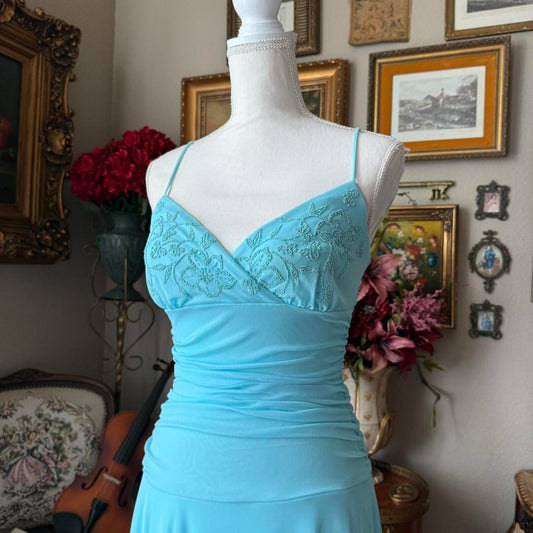 Trixxi Blue lace beaded fairy dress with ruched bust and asymmetrical hem
