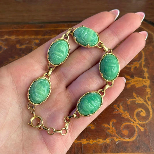 Vintage Mid Century Gold Tone Faux Scarab Bracelet