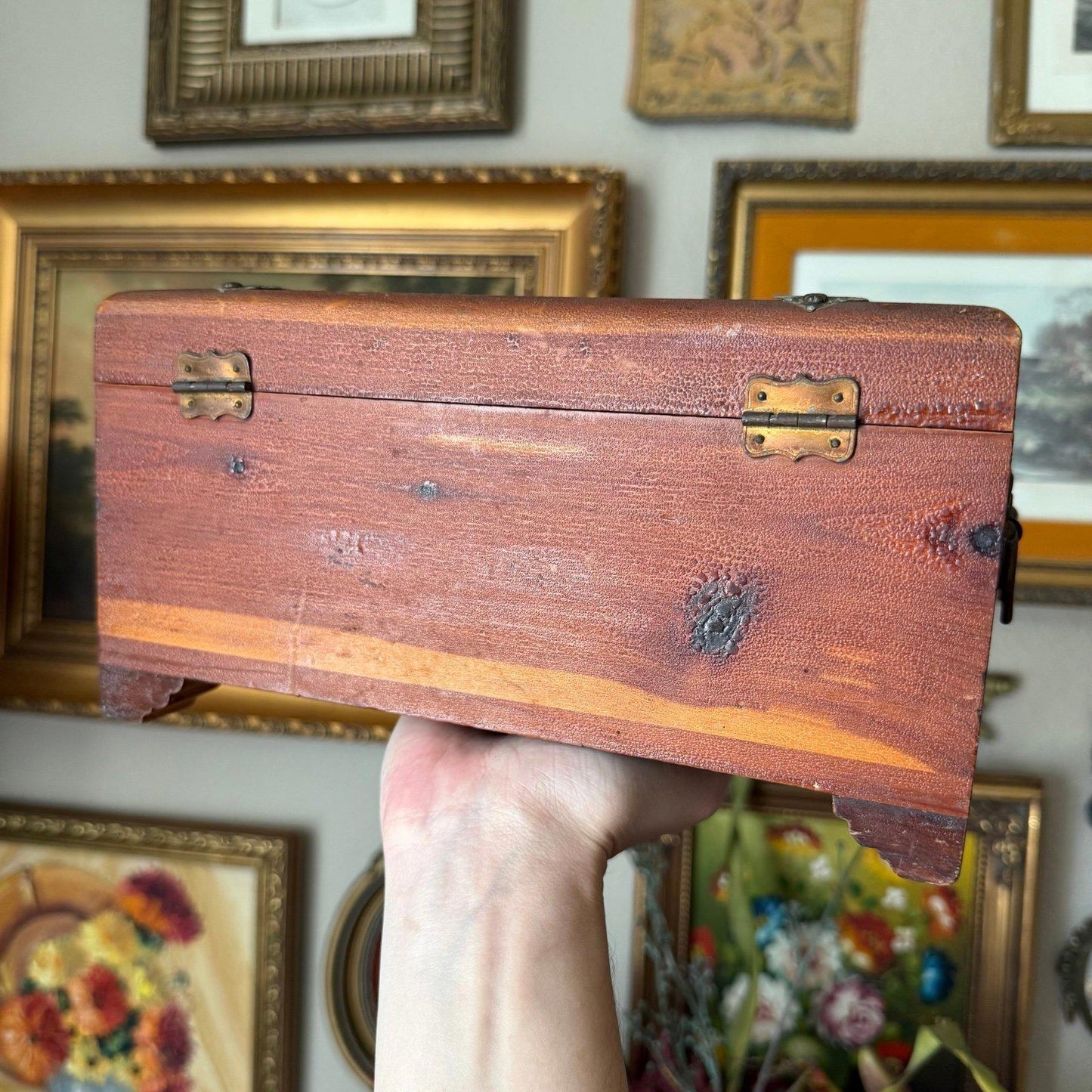 Vintage Cedar Chest Trunk With Openwork Metal Jewelry Box