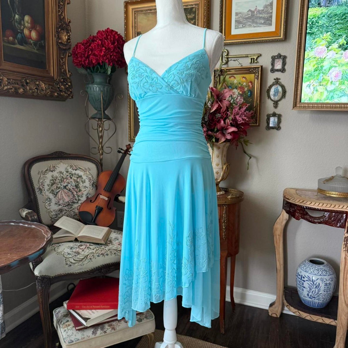 Trixxi Blue lace beaded fairy dress with ruched bust and asymmetrical hem