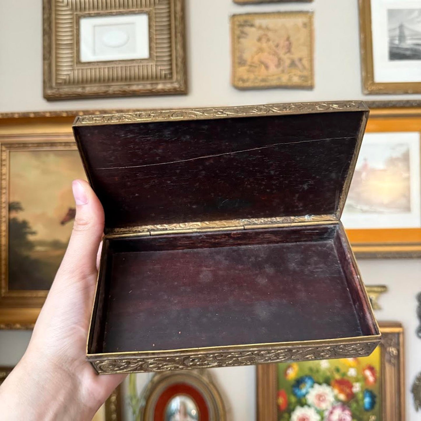 Vintage Metal Jewelry Box w/ Wooden Interior