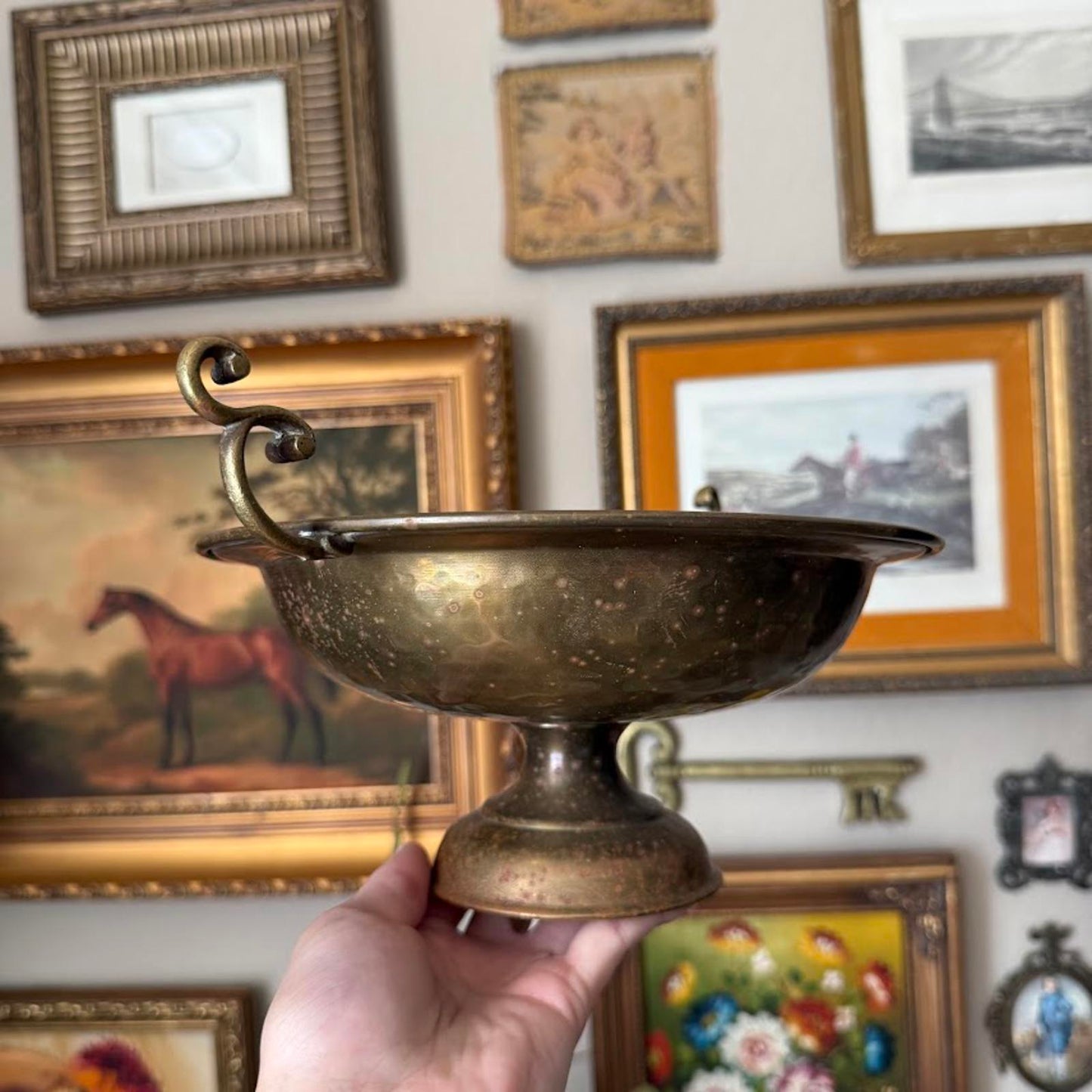 Vintage Brass Circular Pedestal Bowl with Handles