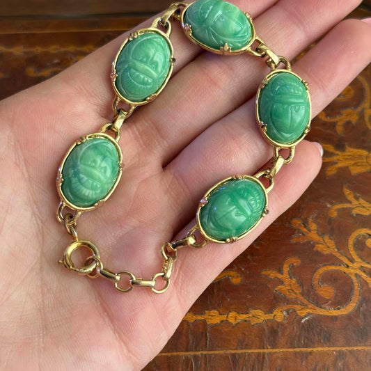 Vintage Mid Century Gold Tone Faux Scarab Bracelet