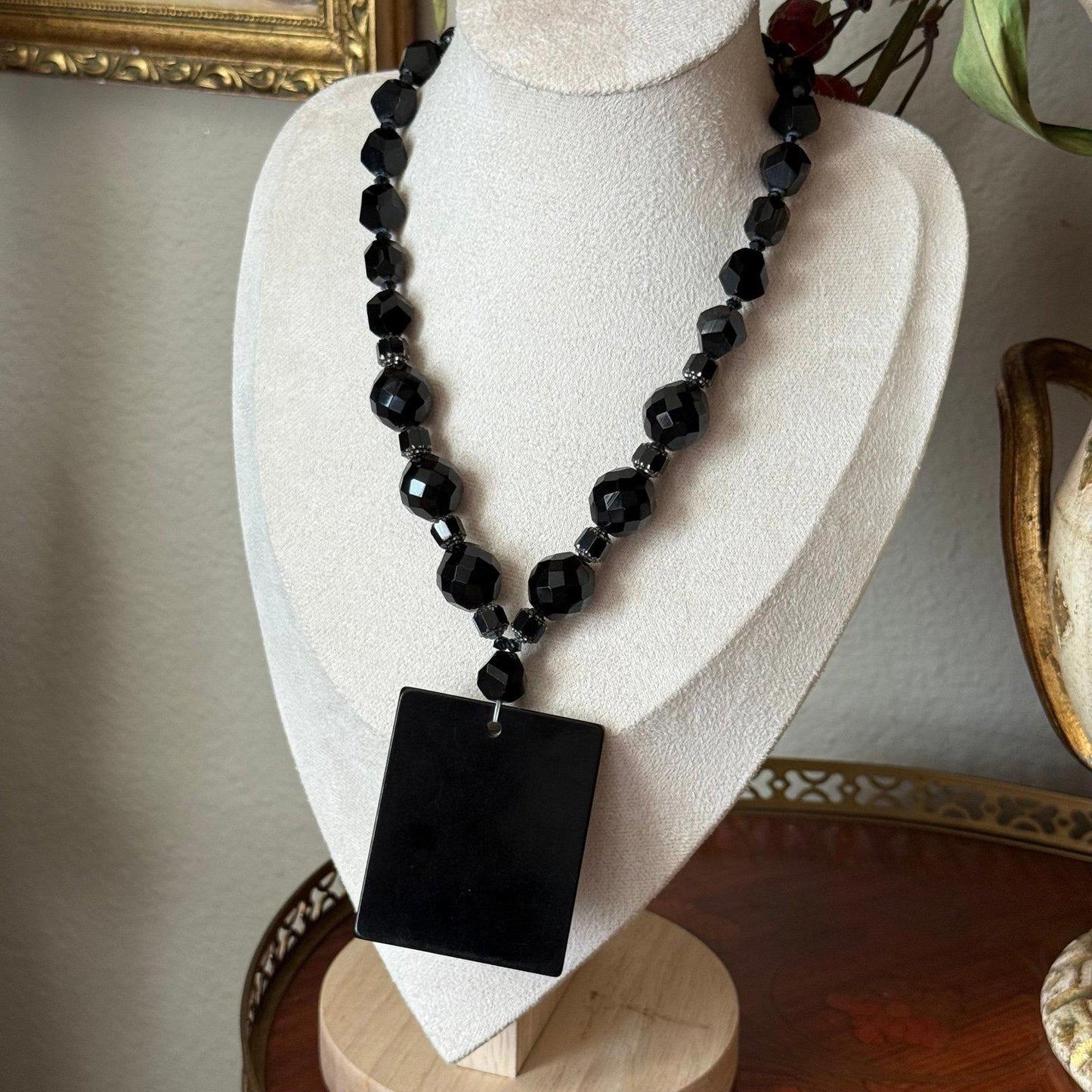 Vintage Carved Ebony Lucite Cameo Pendant black mourning cameo necklace