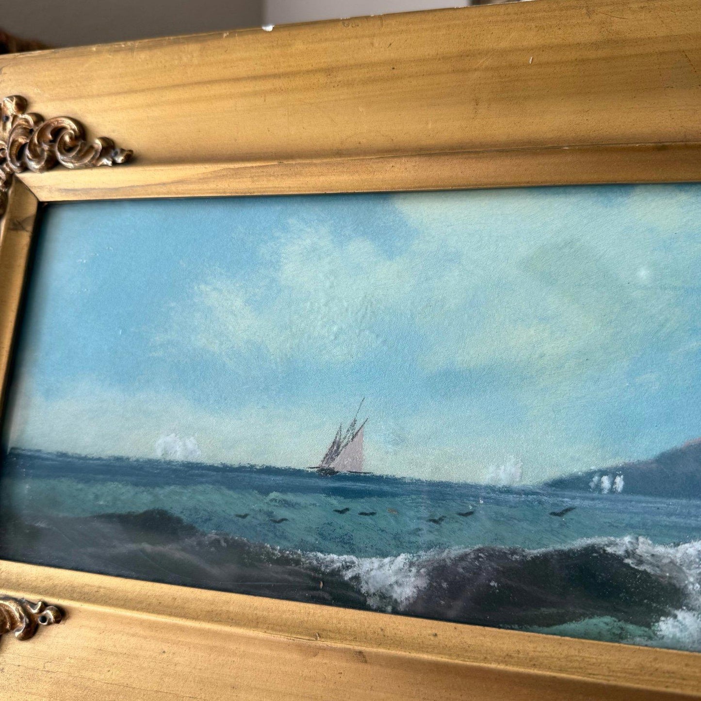 Antique Framed Pastel Seascape Original Chalk Drawing Under Glass