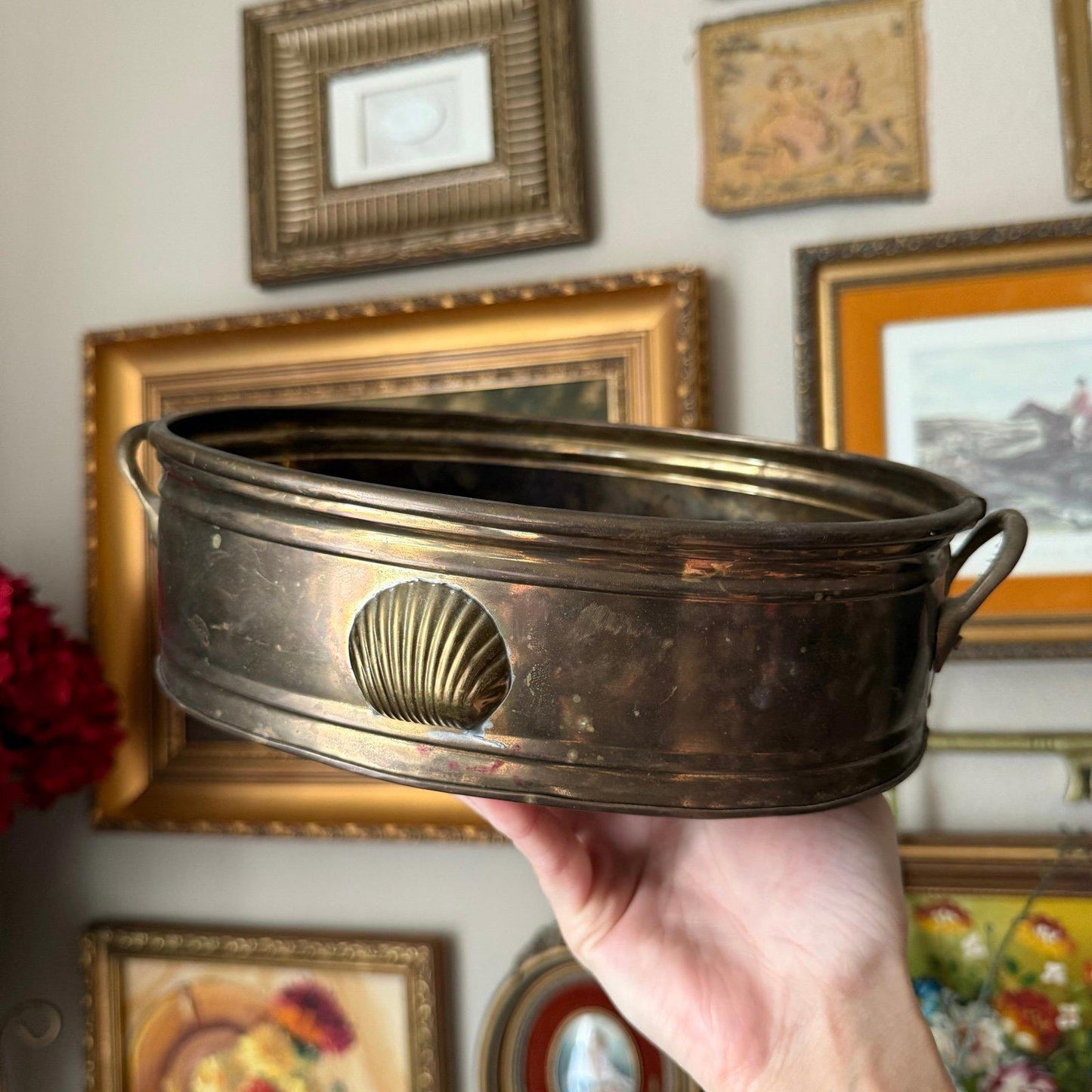 Vintage brass oval planter with a shell design