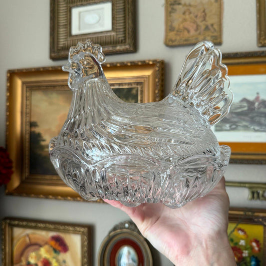 Vintage-Style Clear Glass Hen on Nest Dish Chicken Covered Candy Dish