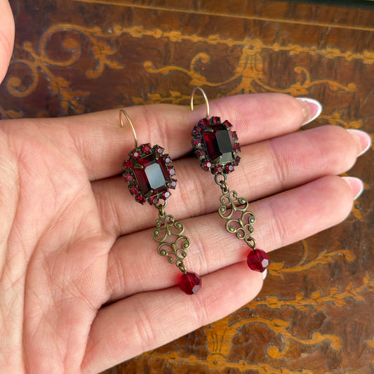 Vintage Victorian earrings with dark rectangle glass stones long earrings