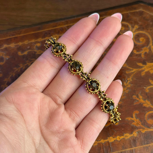 Vintage Gold Tone with Brown Glass Rhinestone Chain Bracelet