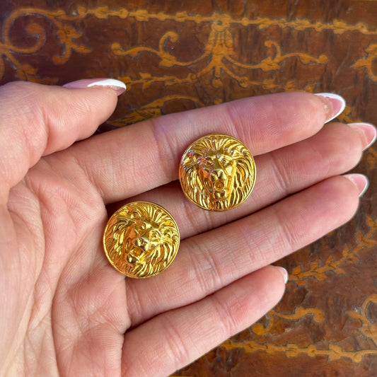 Vintage Lion Heads Gold tone Clip on Earrings