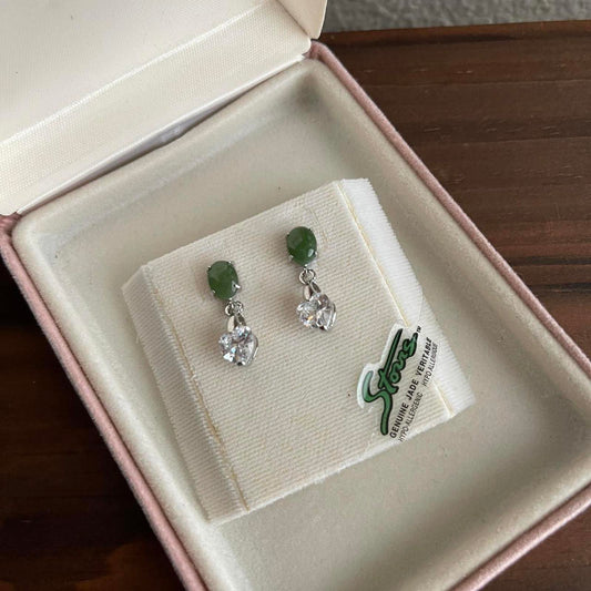 Silver tone genuine Jade heart crystal earrings