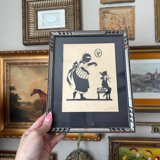 Vintage Framed Silhouette of A Girl and A Cat
