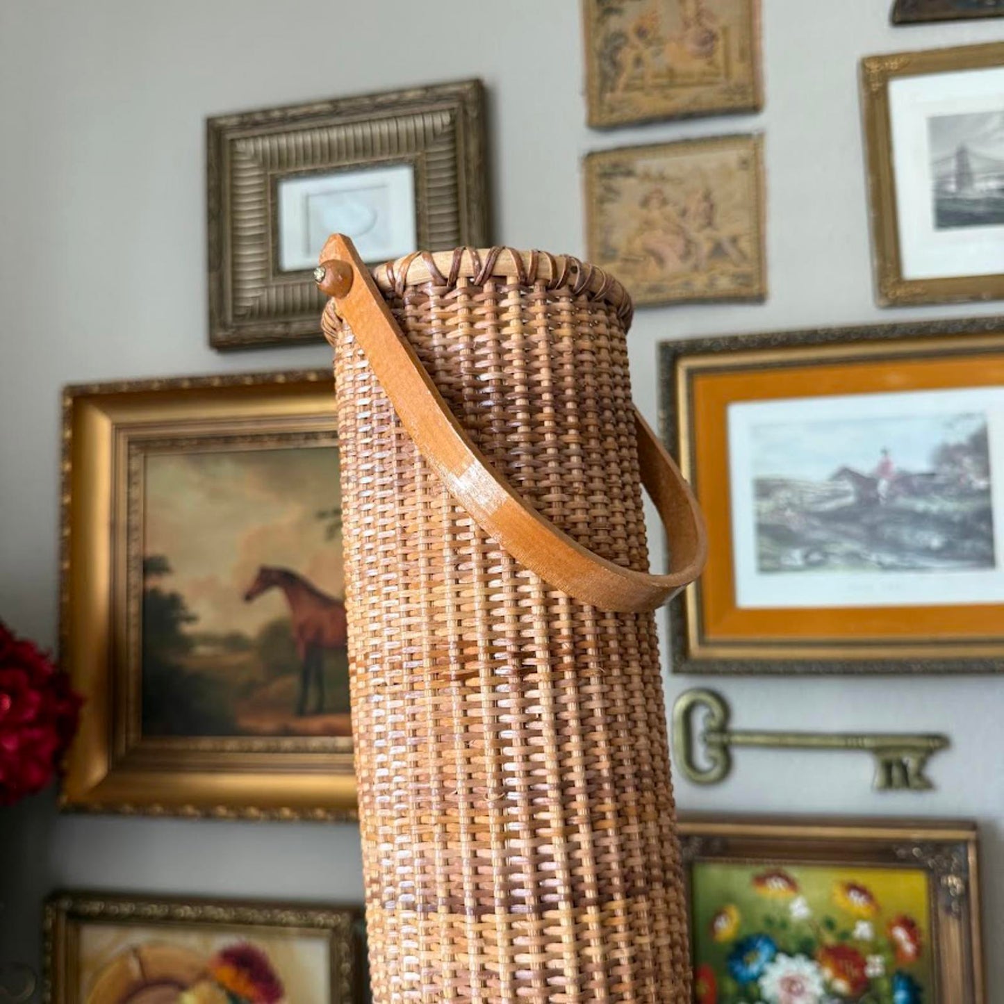Vintage Tall Round Basket with Swing Handle