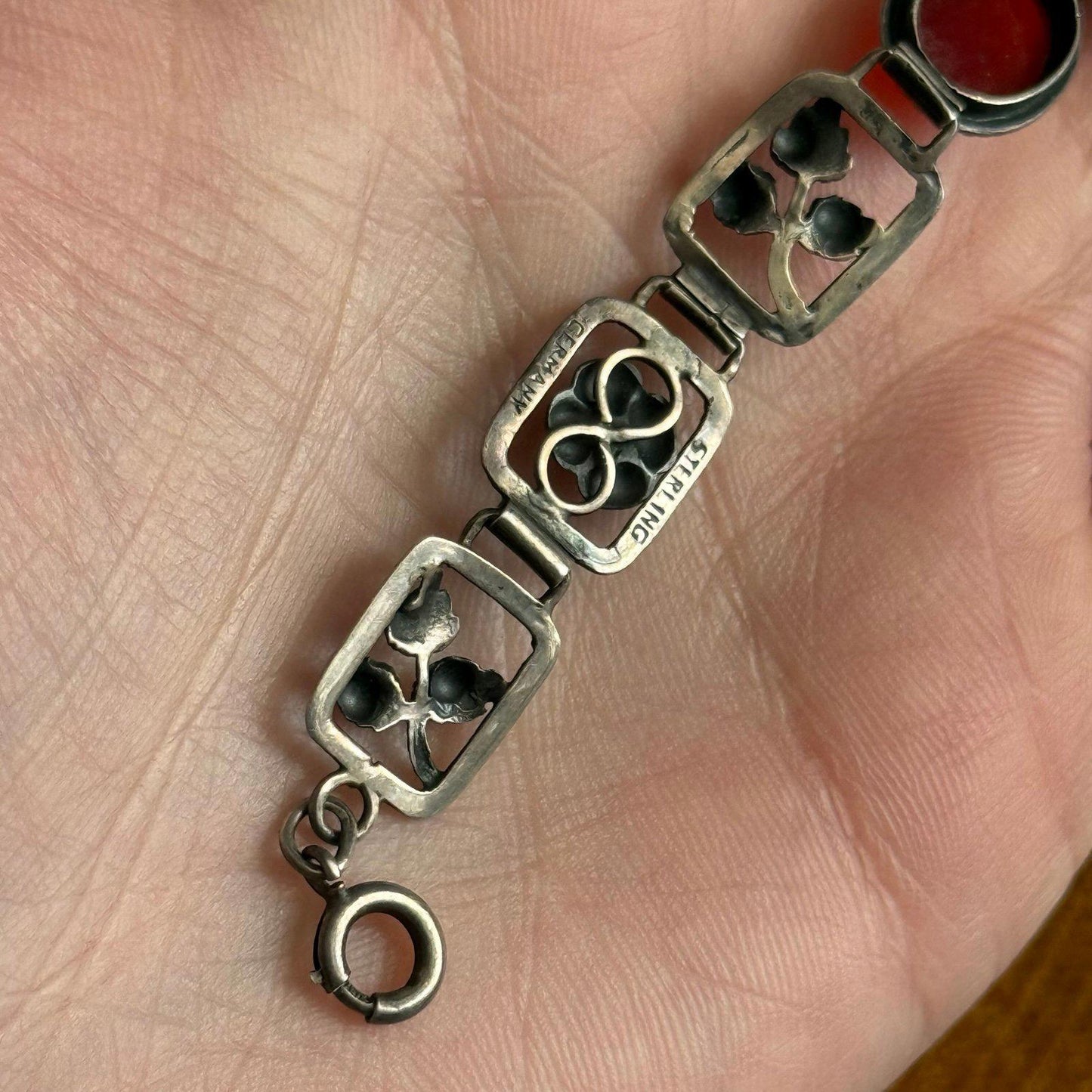 Vintage Sterling Silver & Carnelian Floral Bracelet – Made in Germany