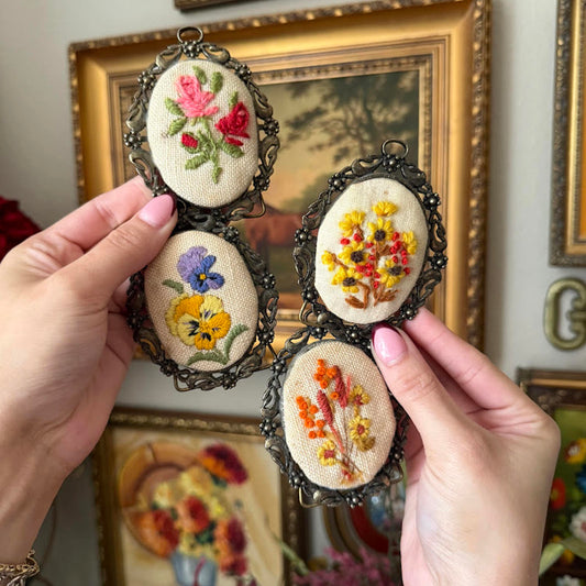 Vintage Oval Floral Embroidery in Orange Metal Frame