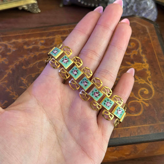 Vintage Gold Tone & Enamel Hand Painted Rose Panel Bookchain Bracelet