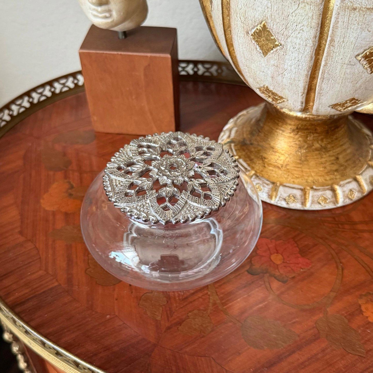Vintage Glass Potpourri Dish with top Metal lid