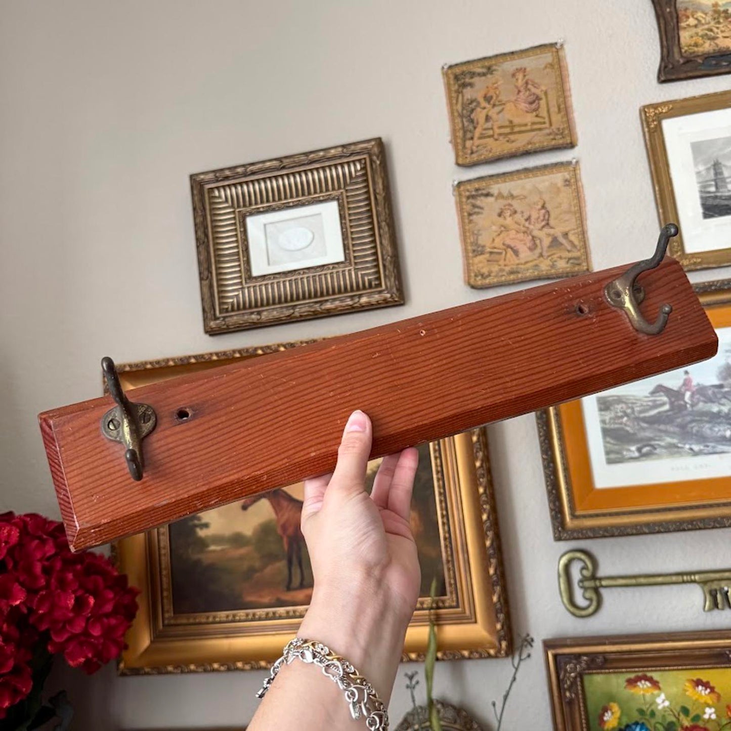 Vintage Wooden Coat Rack with Metal Hooks