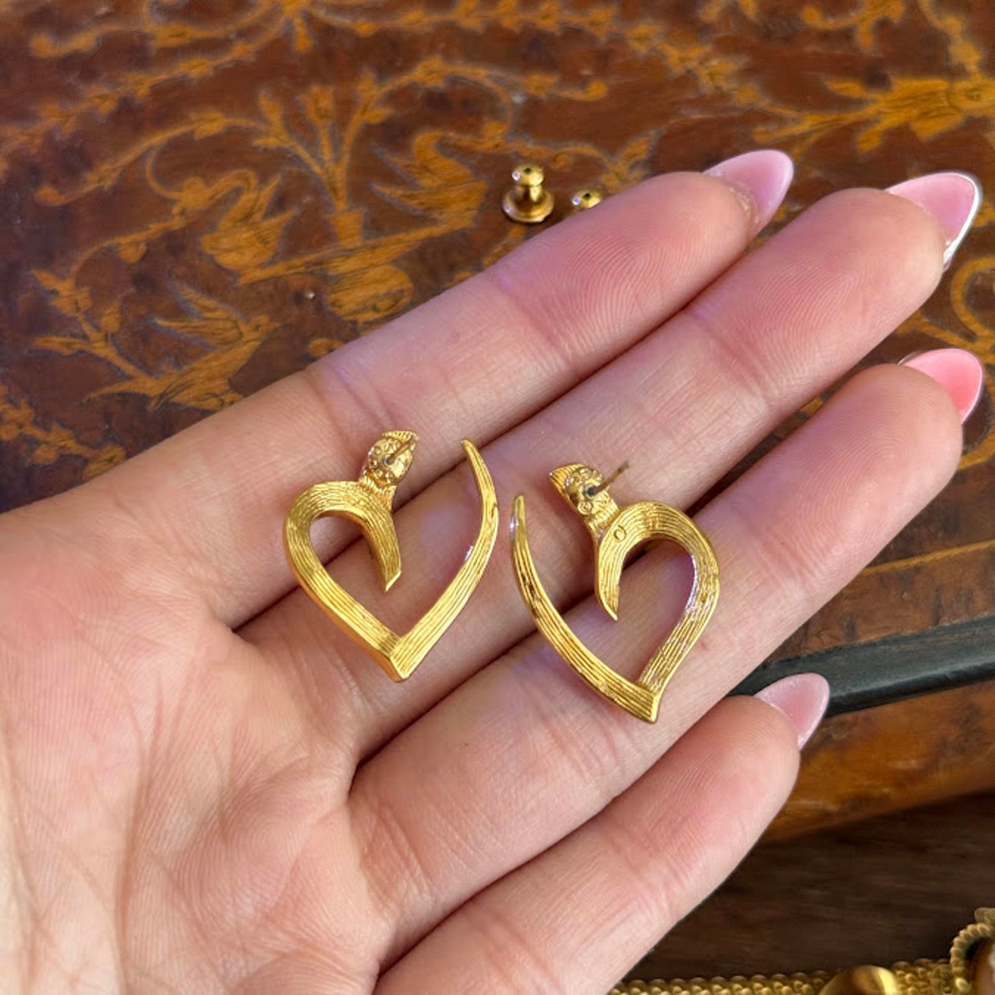 Vintage Monet Gold Tone Open Heart Leaf Drop Pierced Earrings