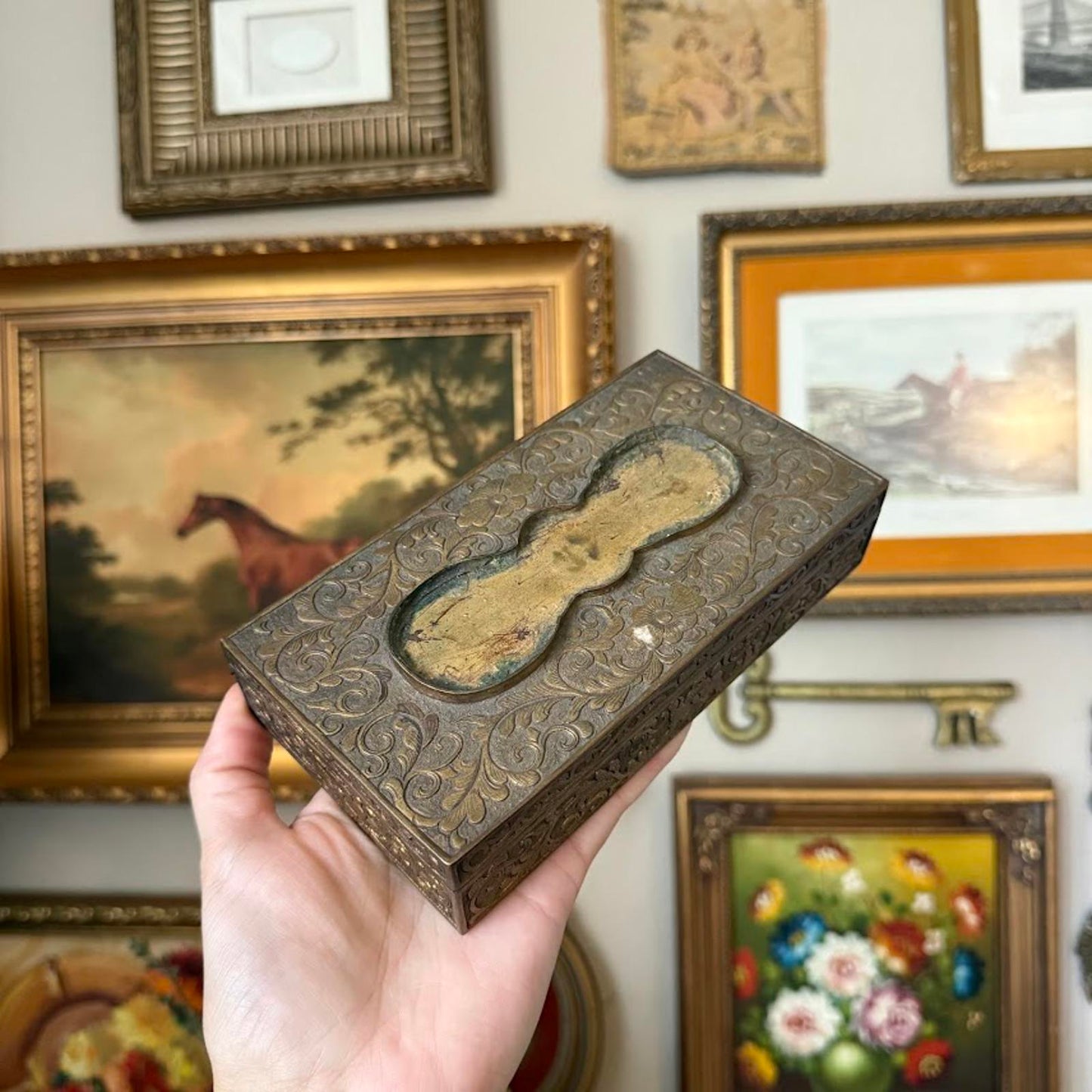 Vintage Metal Jewelry Box w/ Wooden Interior