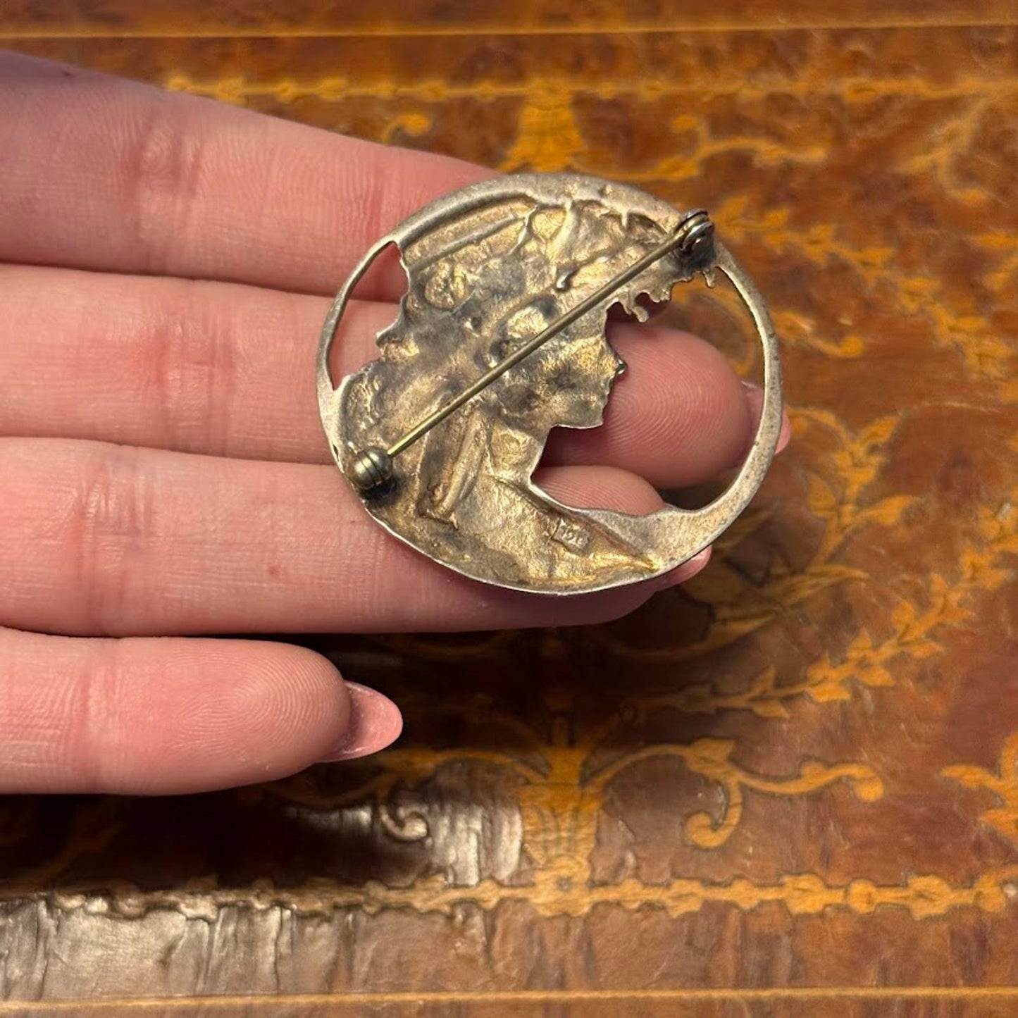 Vintage Art Nouveau Woman with Hat Brooch