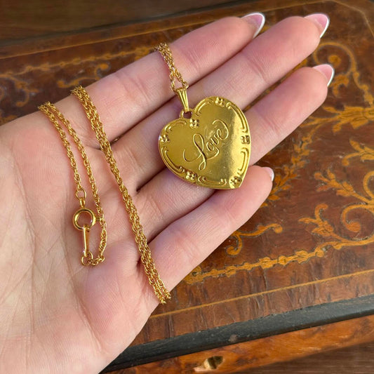 Vintage Gold tone Heart Shape "Love" Pendant Necklace