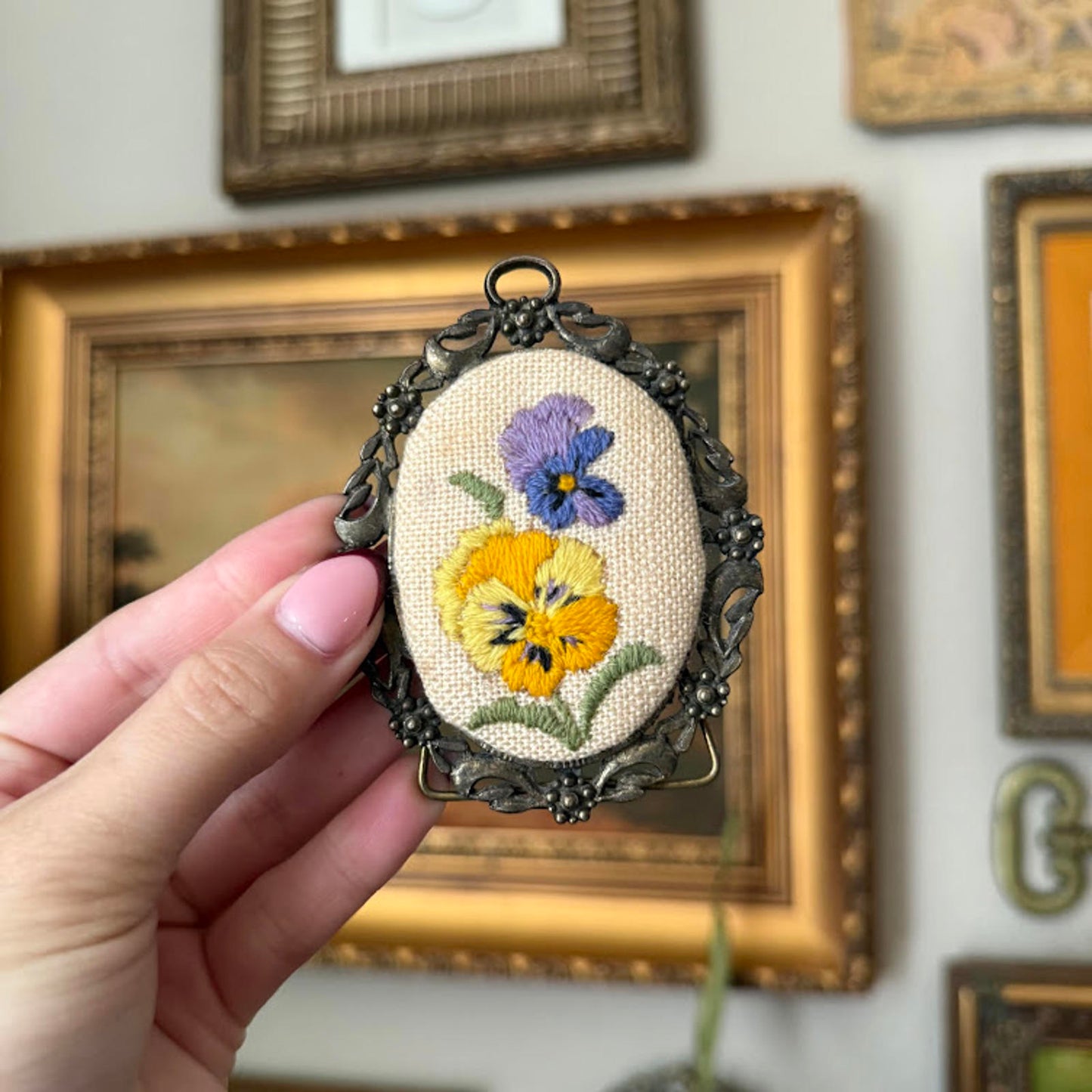 Vintage Oval Floral Embroidery in Orange Metal Frame