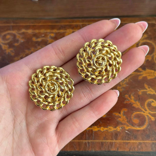 Vintage Round Gold Tone Chain Textured Clip on earrings