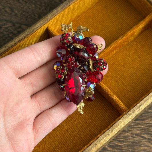 Vintage filigree Bright red faceted glass beads Brooch