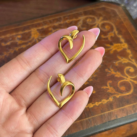 Vintage Monet Gold Tone Open Heart Leaf Drop Pierced Earrings