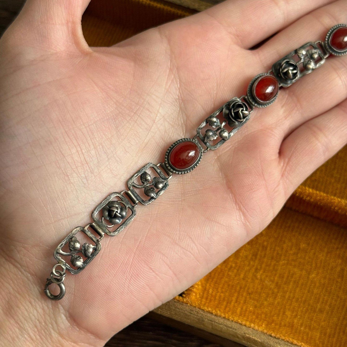 Vintage Sterling Silver & Carnelian Floral Bracelet – Made in Germany
