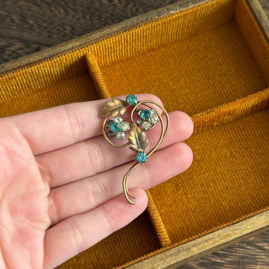 Vintage floral leaf blue and clear rhinestones