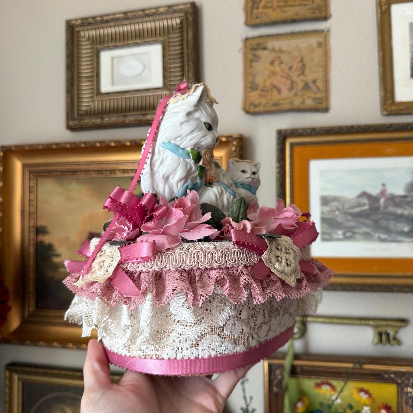 Vintage Handmade Persian porcelain cat Basket