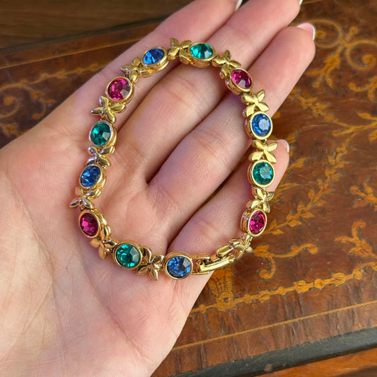 Vintage Gold Tone Multicolor Stones Butterfly Bracelet