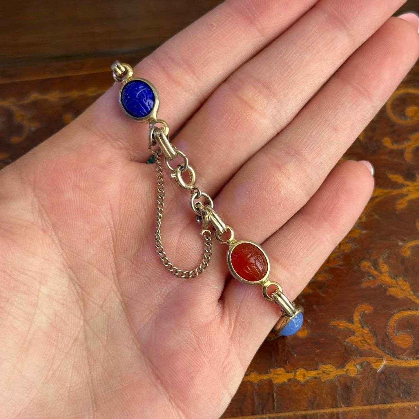 Vintage Mid Century Gold Tone Carved Gemstone Scarab Bracelet