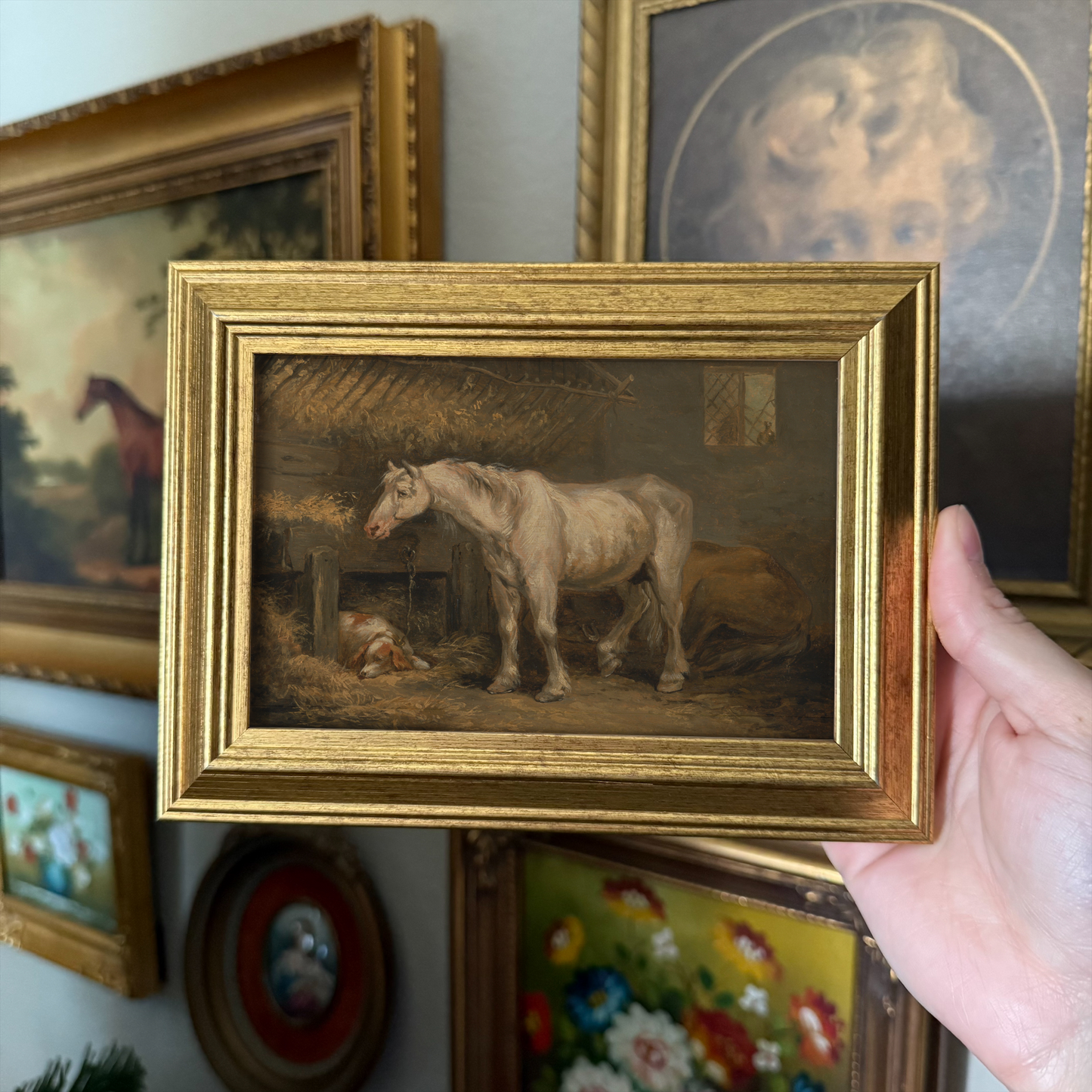 Vintage Style Horse and Dog in Barn art PRINT gallery wall