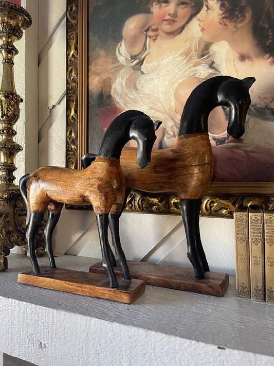 Pair of Vintage Hand-Carved Wooden and Metal Horse Sculptures