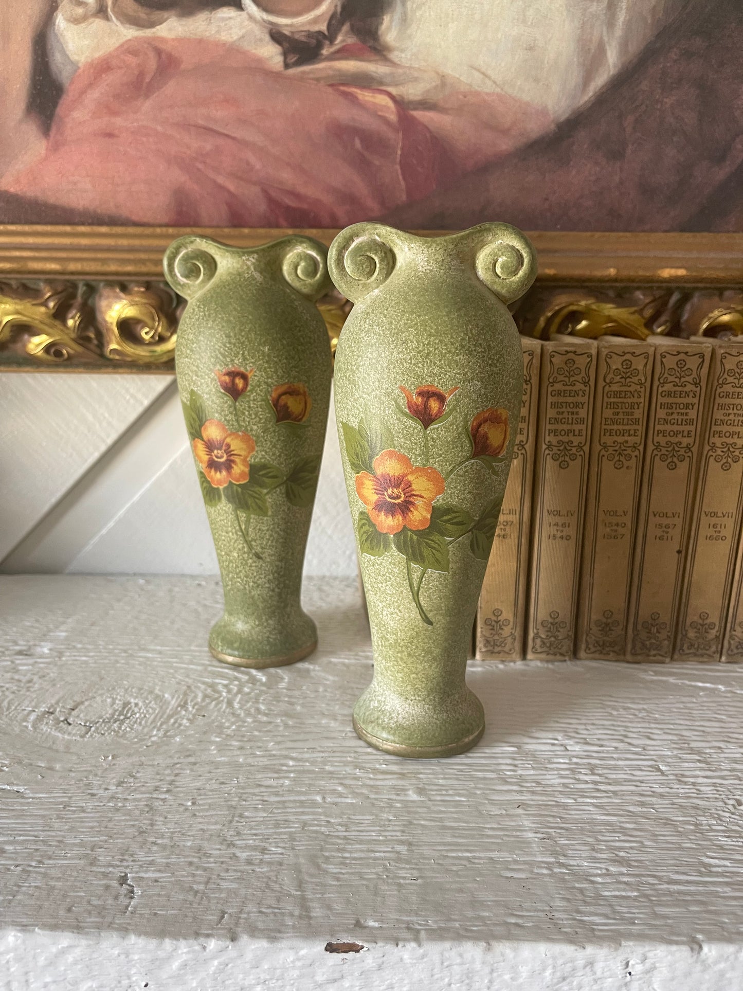 Green floral ceramic painted vase