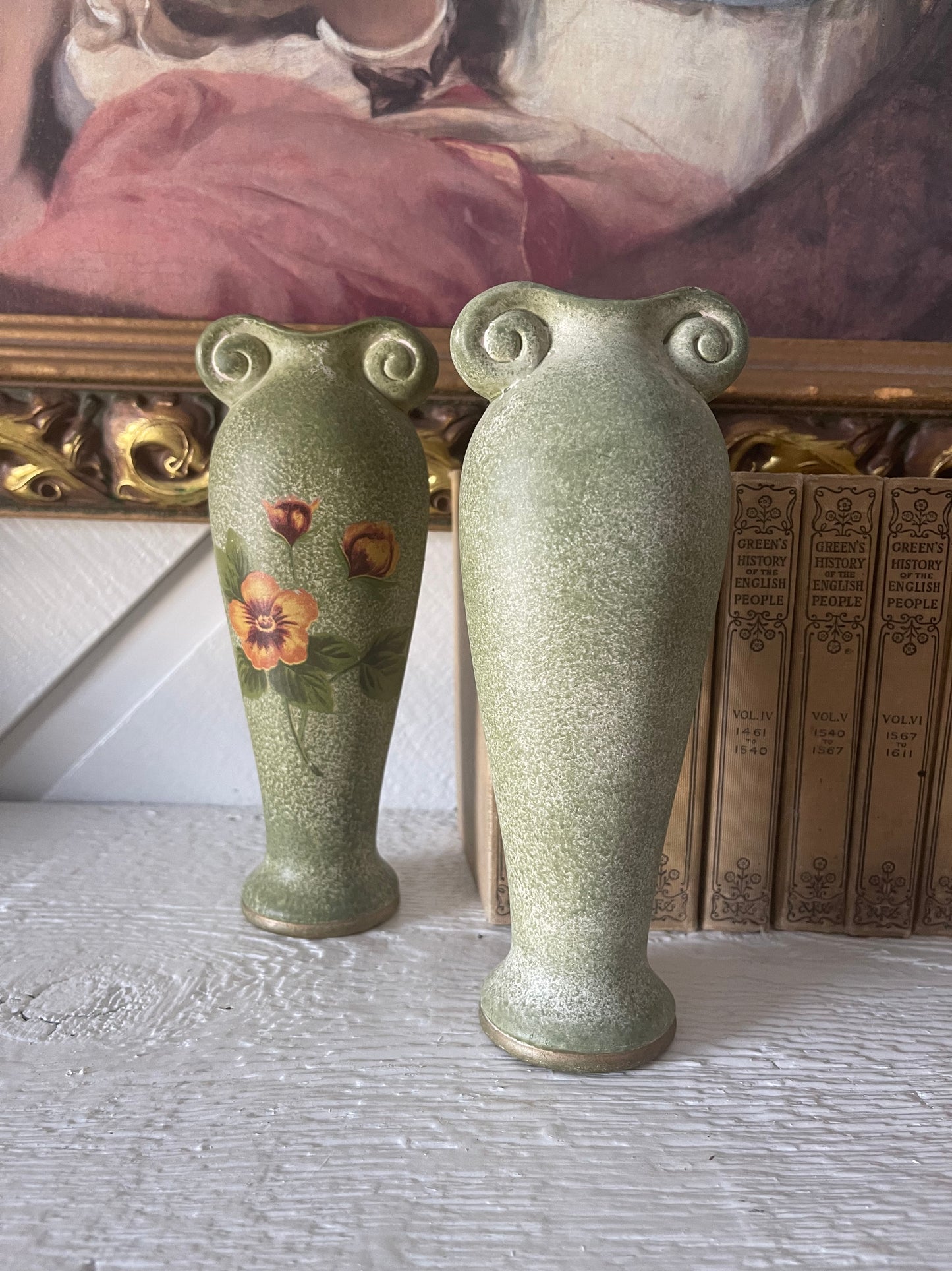 Green floral ceramic painted vase