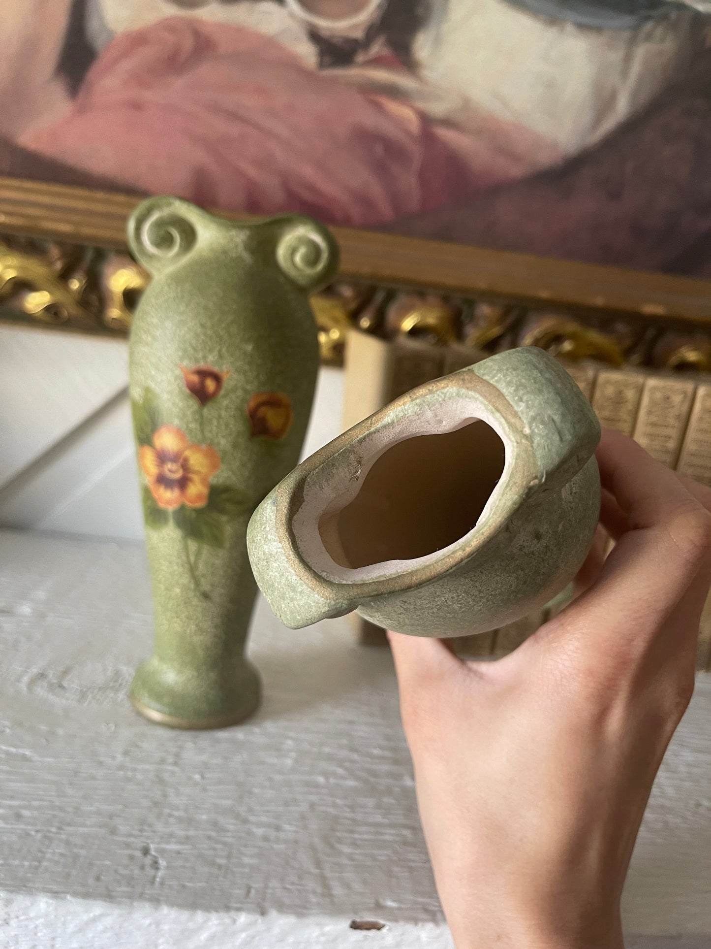 Green floral ceramic painted vase