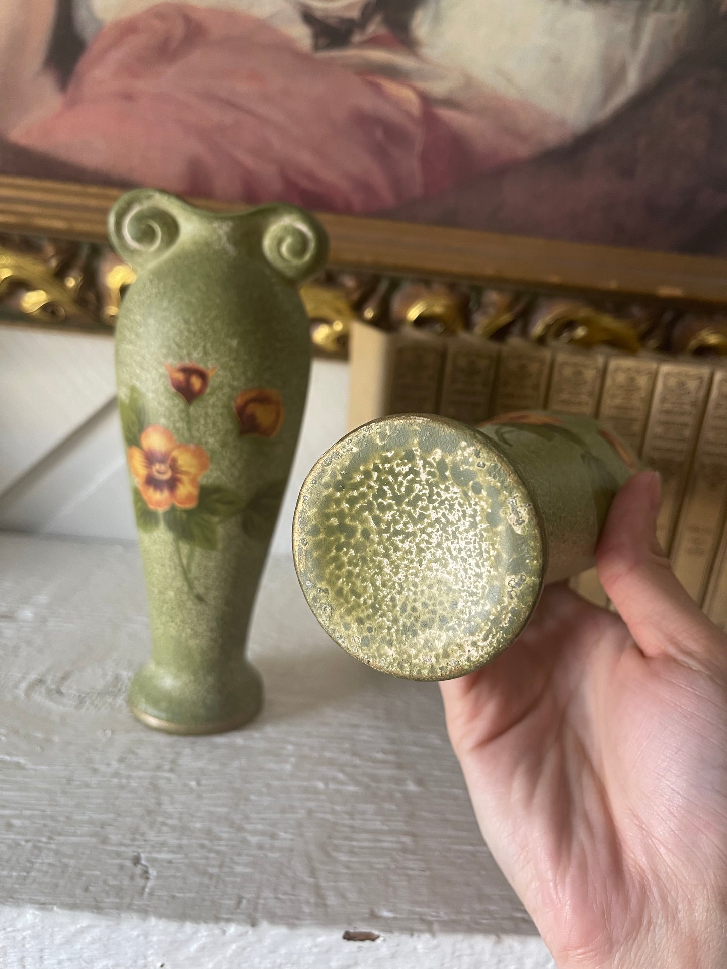 Green floral ceramic painted vase